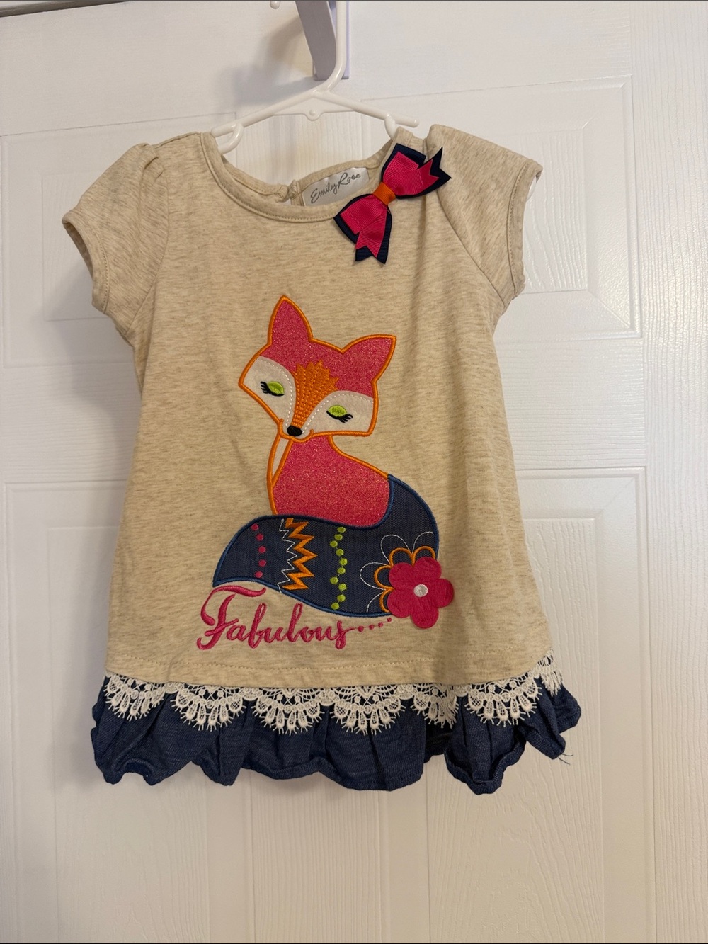Emily Rose Beige Tee with Pink Fox and Navy Trim